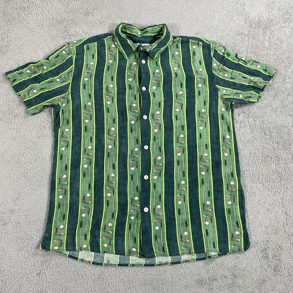 Zara Shirt Mens Medium Green Button Up Short Sleeve Viscose Golf Clubs Striped